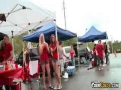Coeds flashing at party give blowjobs